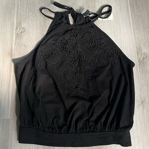 Express Floral Embroidered Black Sleeveless Halter Tie Front Tank Top size Small